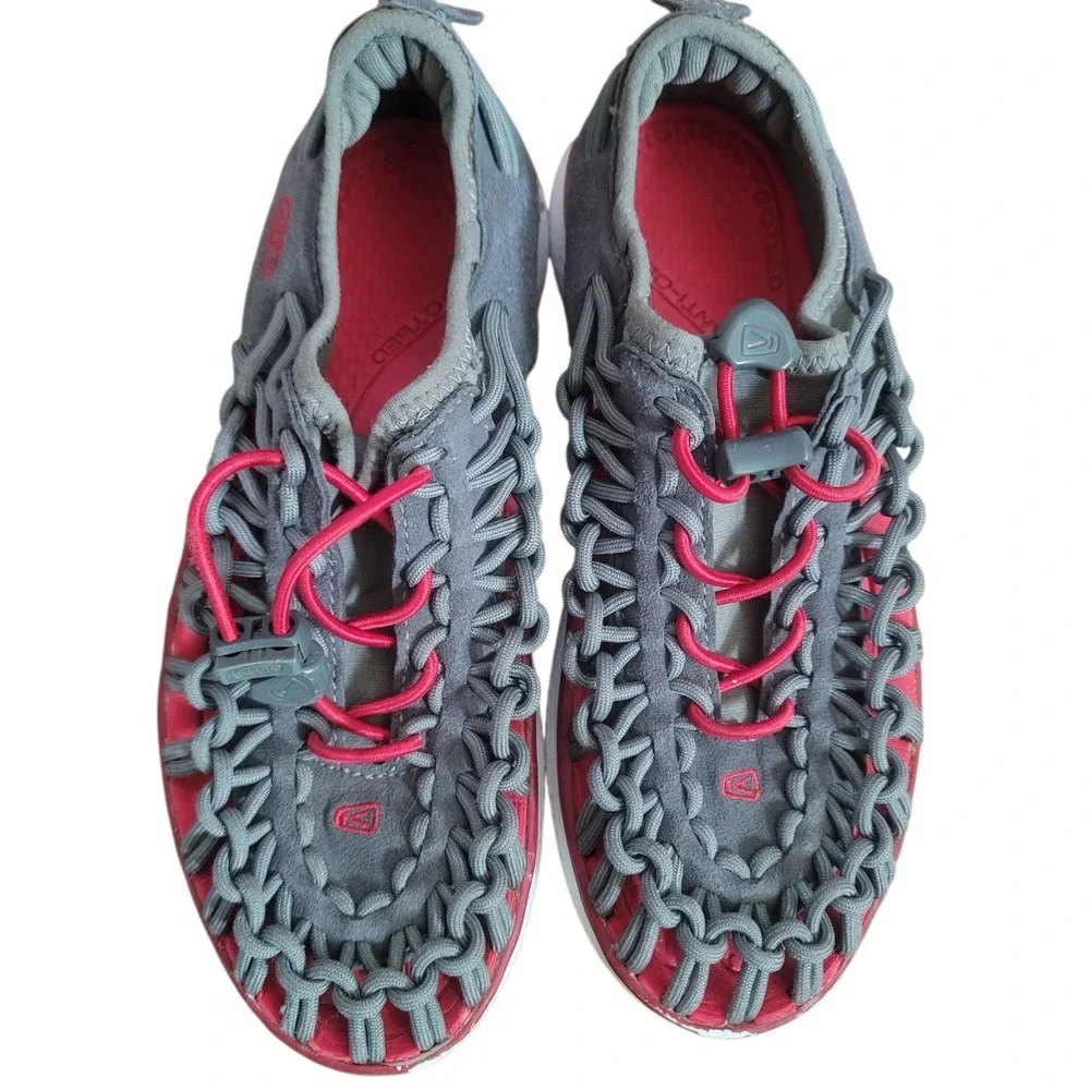 Keen Uneek O2 Kids Sz 3 Grey Red Braided Cord Lace‎ Up Athletic Sandals Shoes